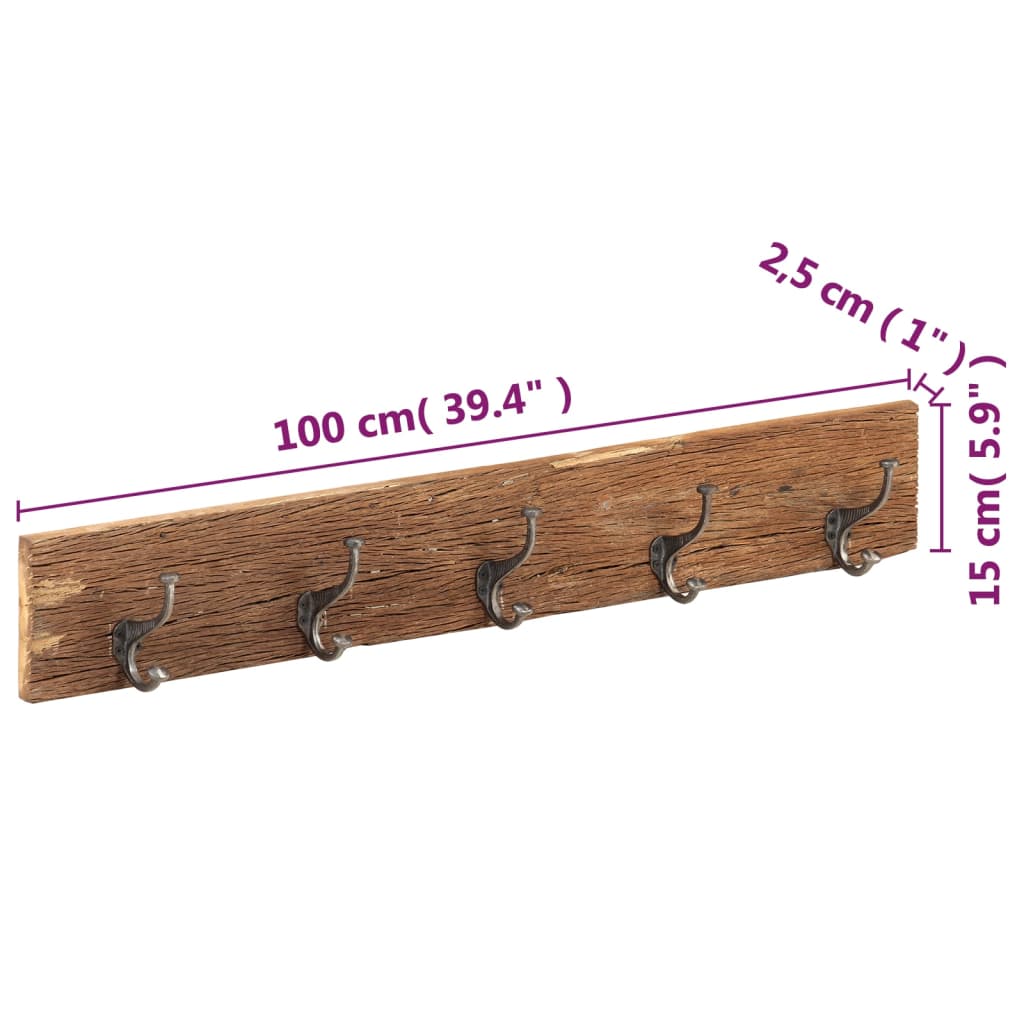 Hakenleiste mit 5 Haken 100x2,5x15 cm Recyceltes Massivholz