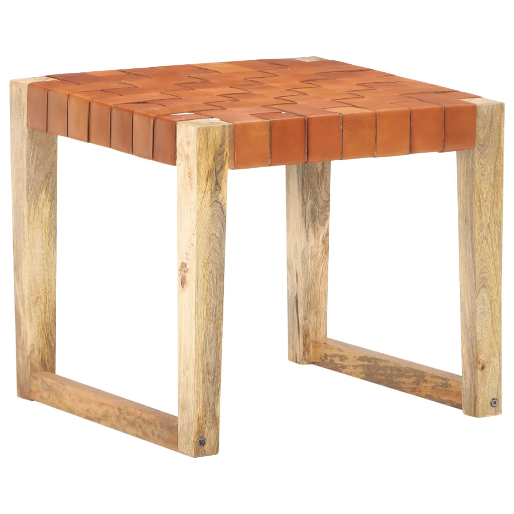 Hocker Hellbraun Echtleder und Mango Massivholz