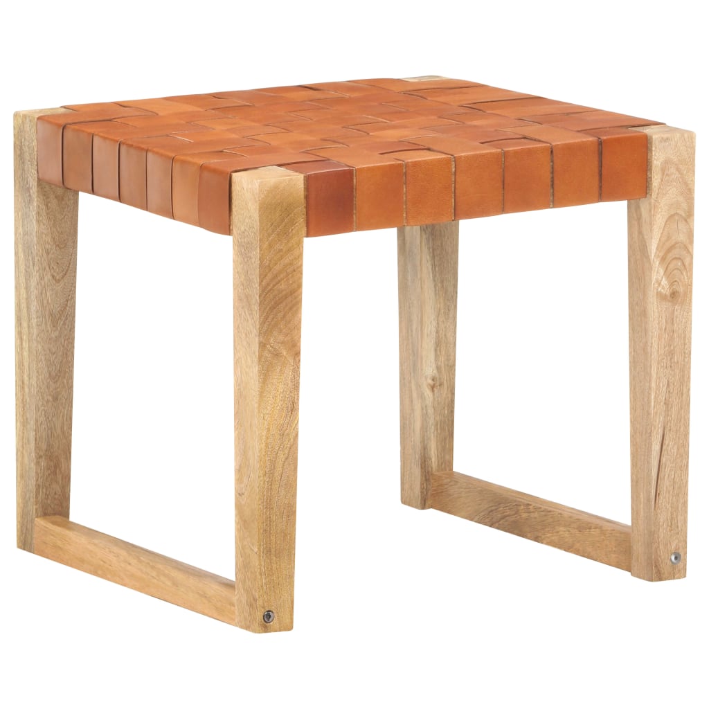 Hocker Hellbraun Echtleder und Mango Massivholz