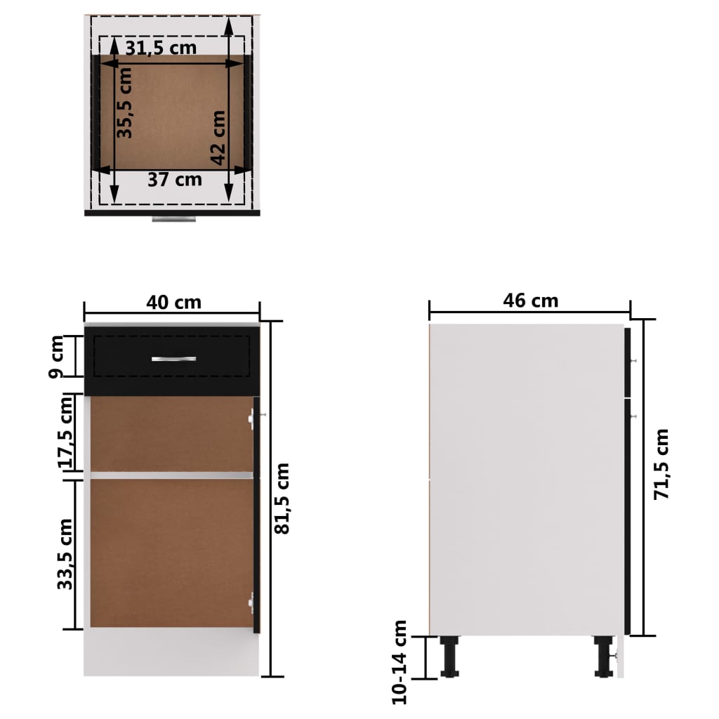 Schubunterschrank Schwarz 40x46x81,5 cm Holzwerkstoff