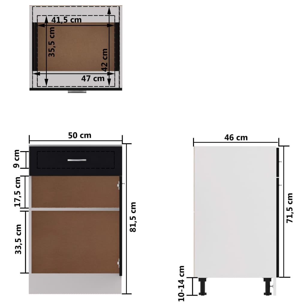 Schubunterschrank Schwarz 50x46x81,5 cm Holzwerkstoff