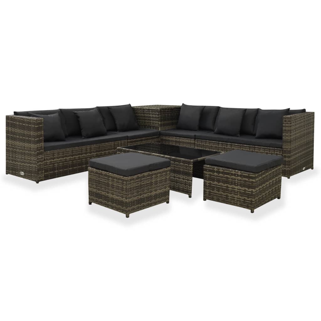 8-tlg. Garten-Lounge-Set mit Kissen Poly Rattan Grau