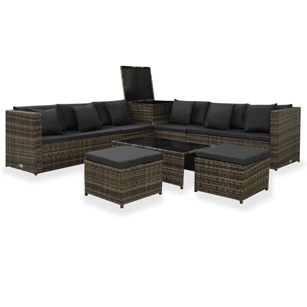 8-tlg. Garten-Lounge-Set mit Kissen Poly Rattan Grau