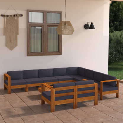 10-tlg. Garten-Lounge-Set mit Dunkelgrauen Auflagen Akazienholz