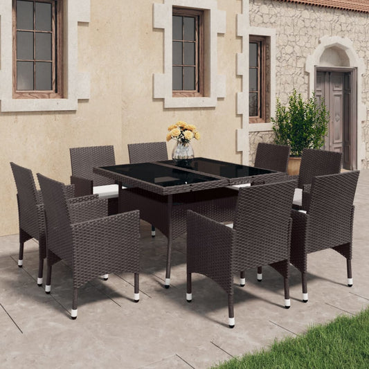 9-tlg. Garten-Essgruppe Poly Rattan und Glas Braun