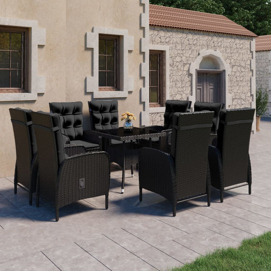 9-tlg. Garten-Essgruppe Poly Rattan und Glas Schwarz