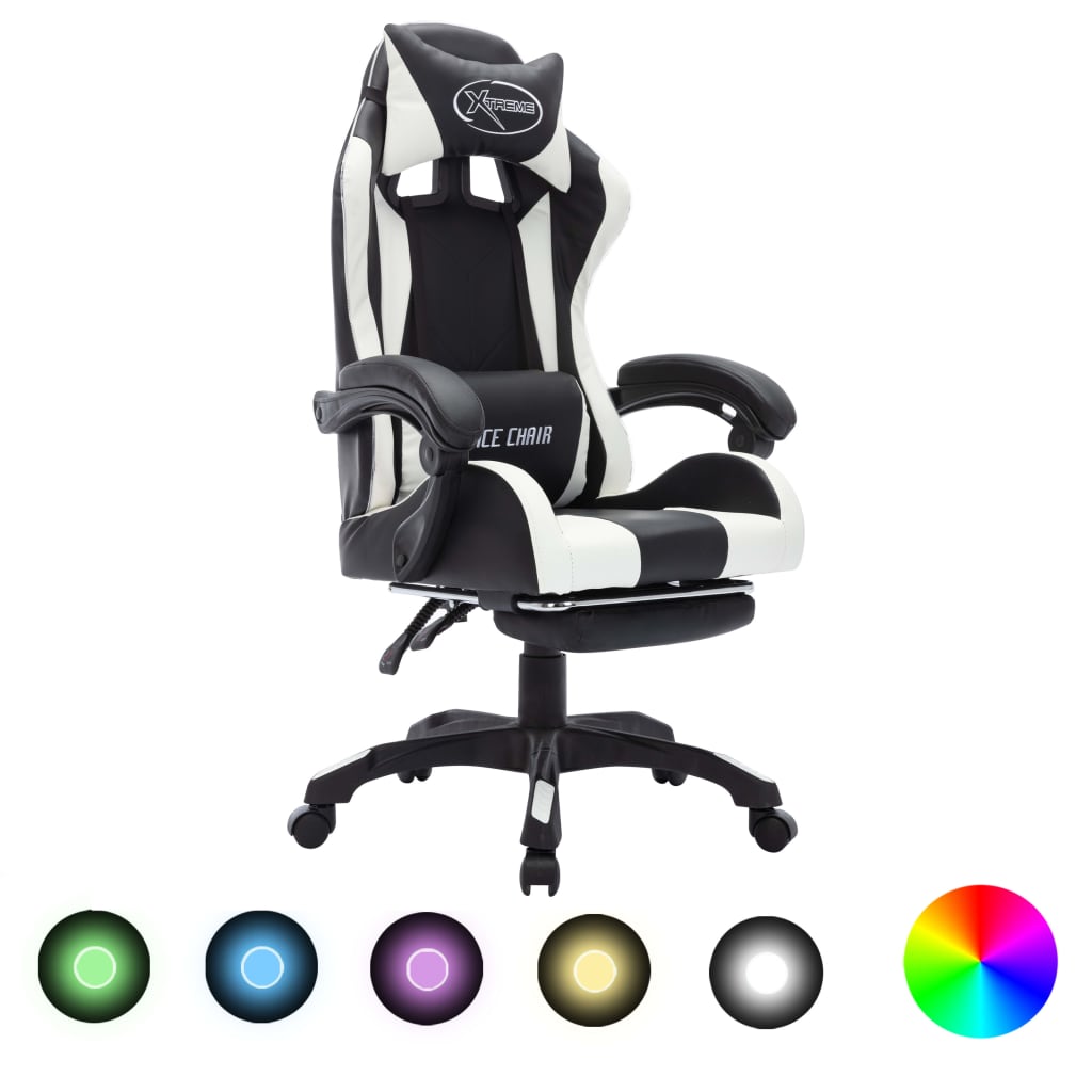 Gaming-Stuhl mit RGB LED-Leuchten Weiß und Schwarz Kunstleder