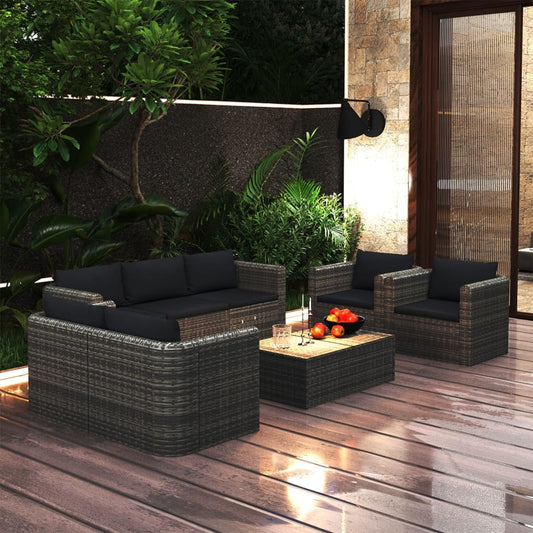 8-tlg. Garten-Lounge-Set mit Kissen Poly Rattan Grau