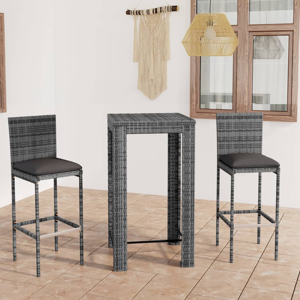 3-tlg. Gartenbar-Set mit Kissen Poly Rattan Grau