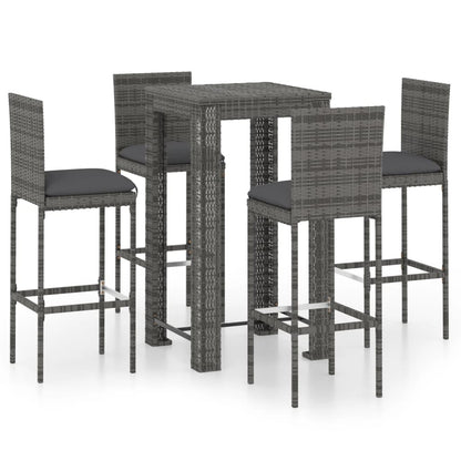 5-tlg. Gartenbar-Set mit Kissen Poly Rattan Grau