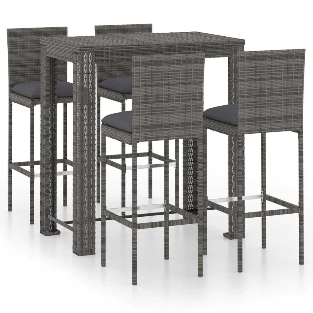 5-tlg. Gartenbar-Set mit Kissen Poly Rattan Grau