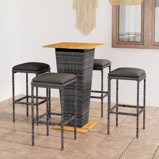 5-tlg. Gartenbar-Set mit Kissen Poly Rattan Grau