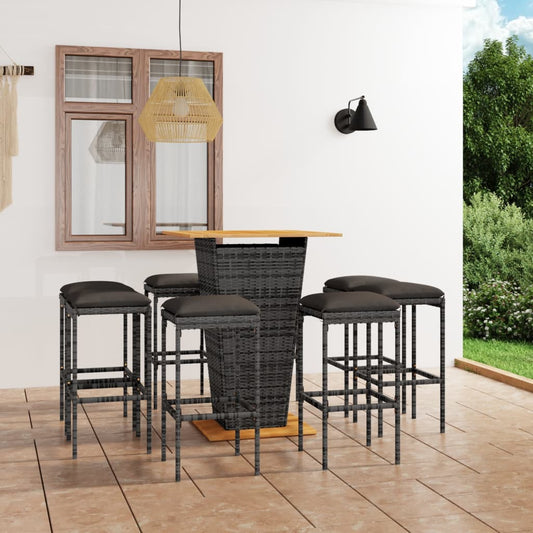 9-tlg. Gartenbar-Set mit Kissen Poly Rattan Grau