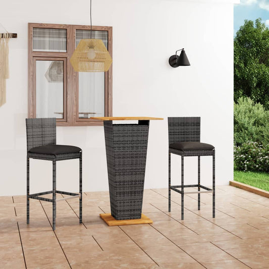 3-tlg. Gartenbar-Set mit Kissen Poly Rattan Grau