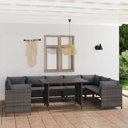 10-tlg. Garten-Lounge-Set mit Kissen Poly Rattan Grau