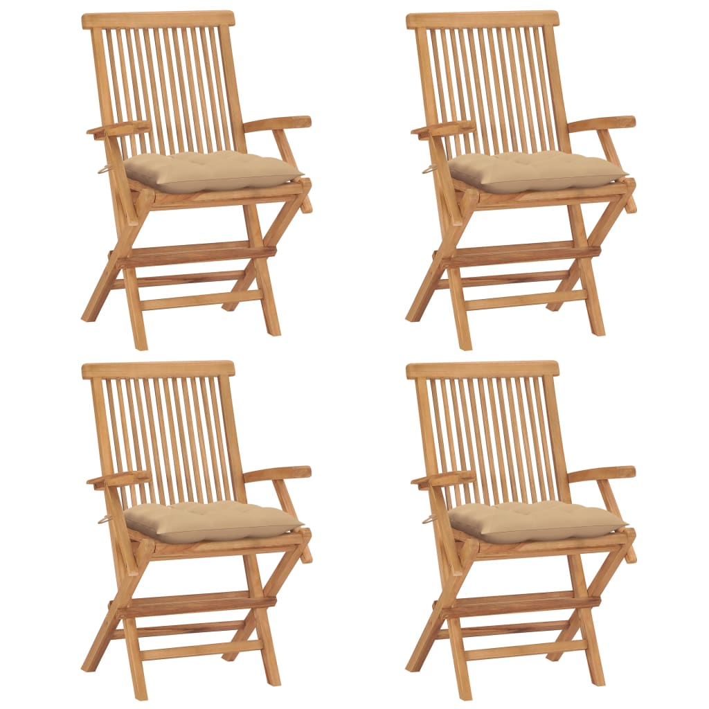 Gartenstühle mit Beige Kissen 4 Stk. Massivholz Teak