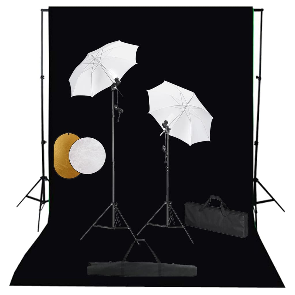 Fotostudio-Set mit Leuchten, Schirmen, Hintergrund, Reflektor