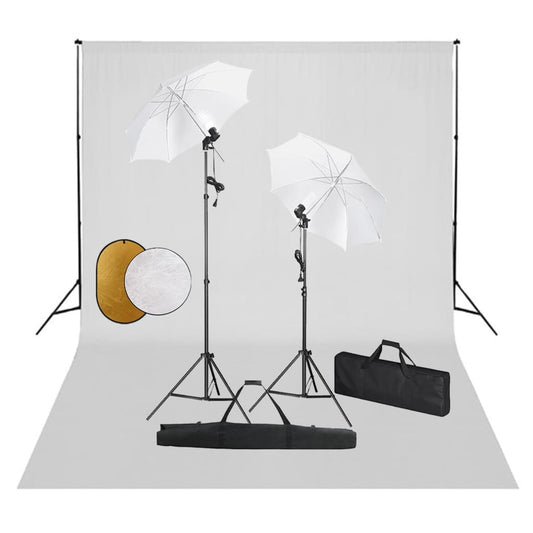 Fotostudio-Set mit Leuchten, Schirmen, Hintergrund, Reflektor