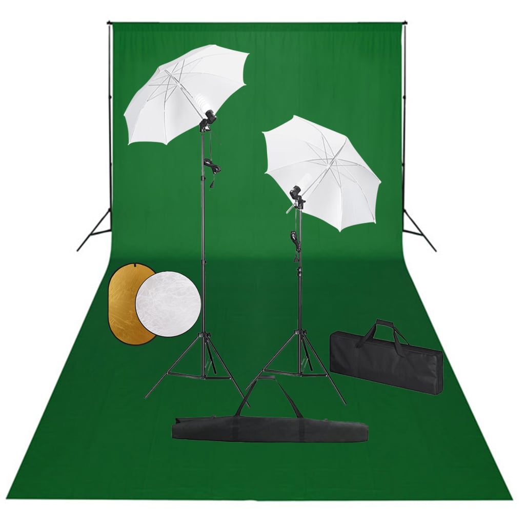 Fotostudio-Set mit Leuchten, Schirmen, Hintergrund, Reflektor