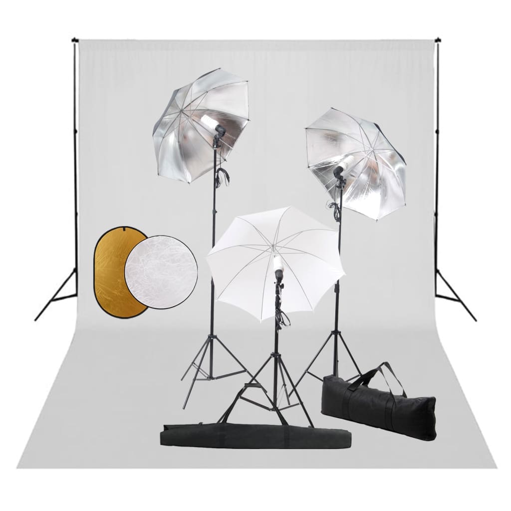 Fotostudio-Set mit Lampen, Schirmen, Hintergrund & Reflektor