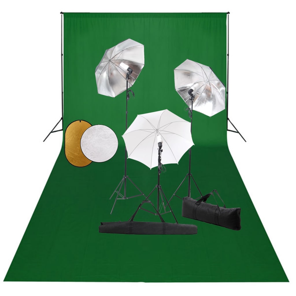 Fotostudio-Set mit Leuchten, Schirmen, Hintergrund & Reflektor