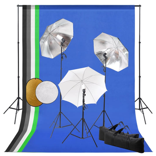 Fotostudio-Set mit Leuchten, Schirmen, Hintergrund, Reflektor