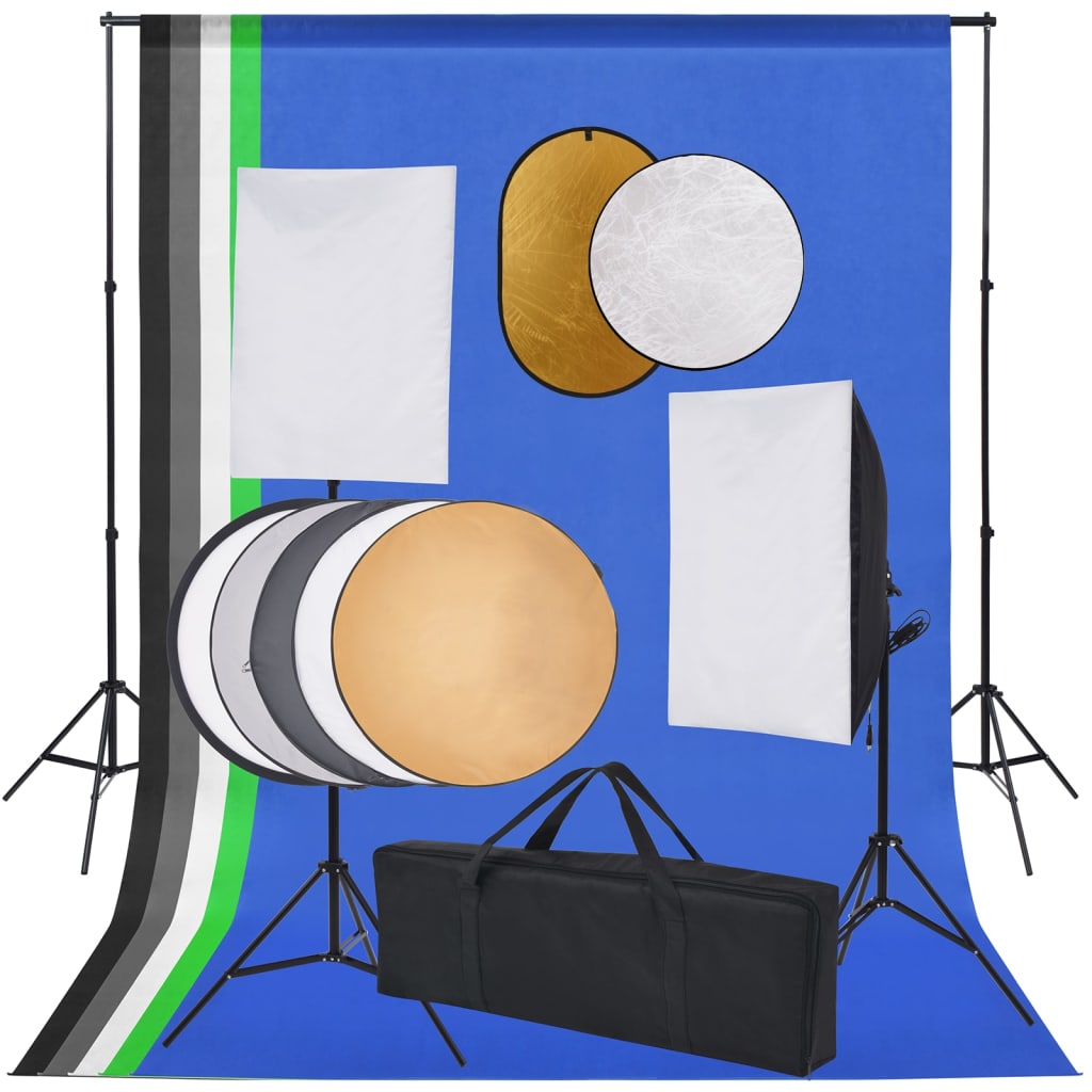 Fotostudio-Set mit Softbox-Lampen, Hintergrund und Reflektor