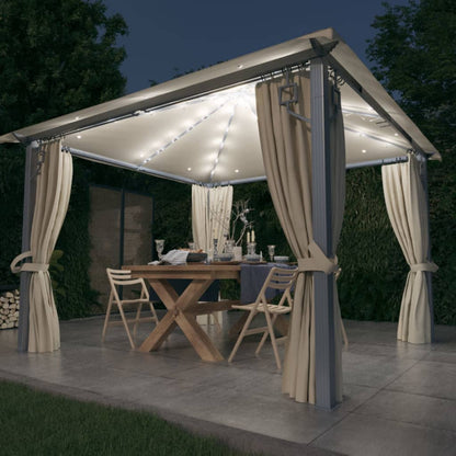 Pavillon mit Vorhängen & LED-Lichterkette 300x300 cm Creme Alu