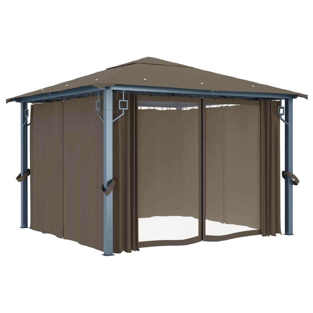 Pavillon mit Vorhängen & LED-Lichterkette 300x300 cm Taupe Alu