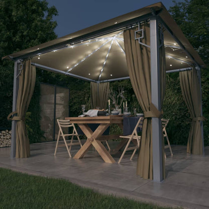 Pavillon mit Vorhängen & LED-Lichterkette 300x300 cm Taupe Alu