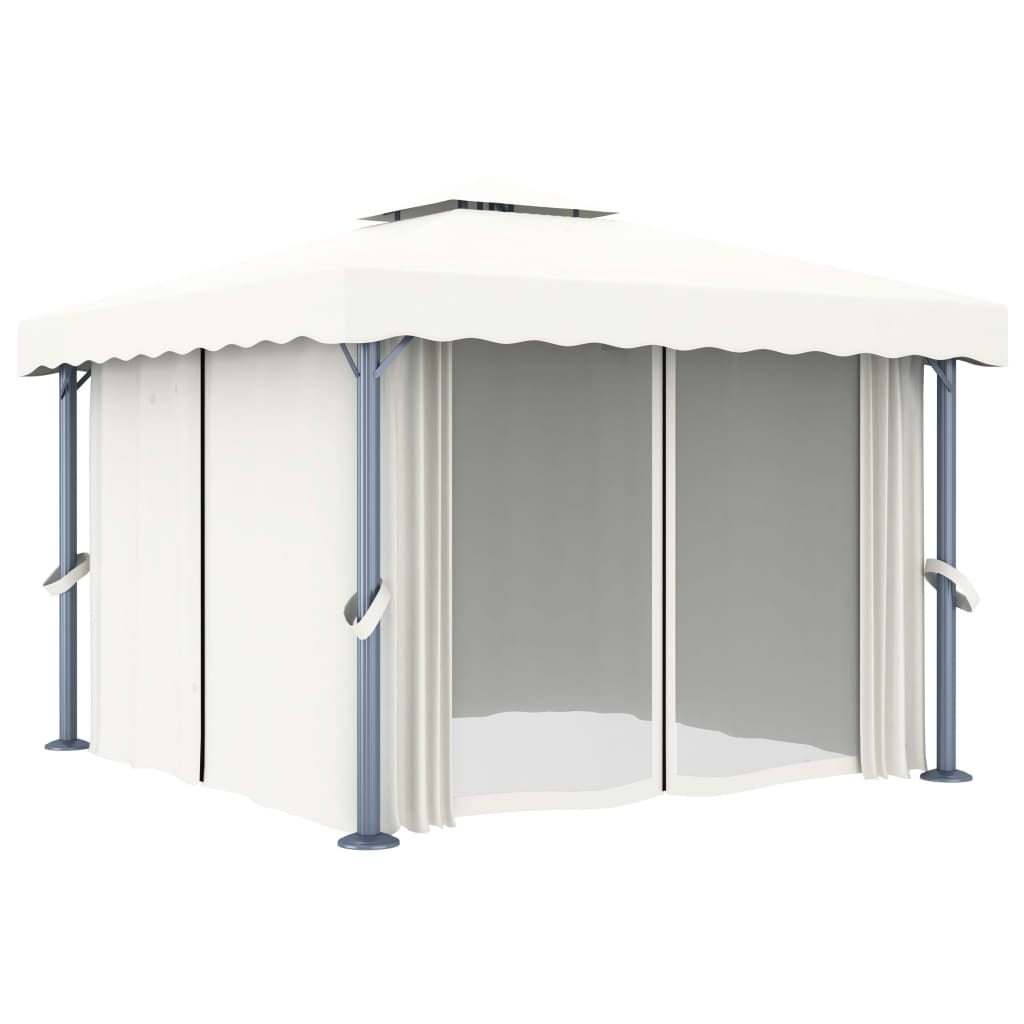 Pavillon mit Vorhängen & LED-Lichterkette 3x3 m Cremeweiß