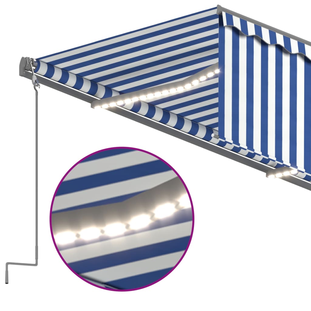 Markise Manuell Einziehbar mit Rollo & LED 5x3 m Blau & Weiß