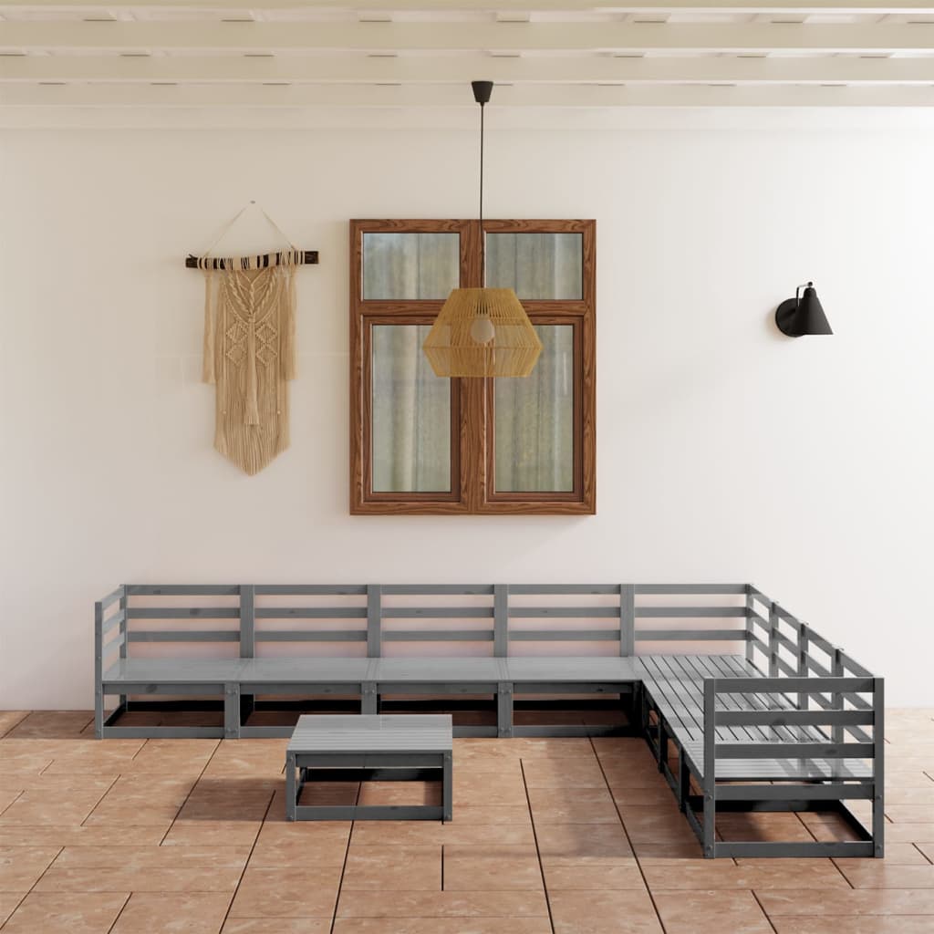 9-tlg. Garten-Lounge-Set Grau Kiefer Massivholz