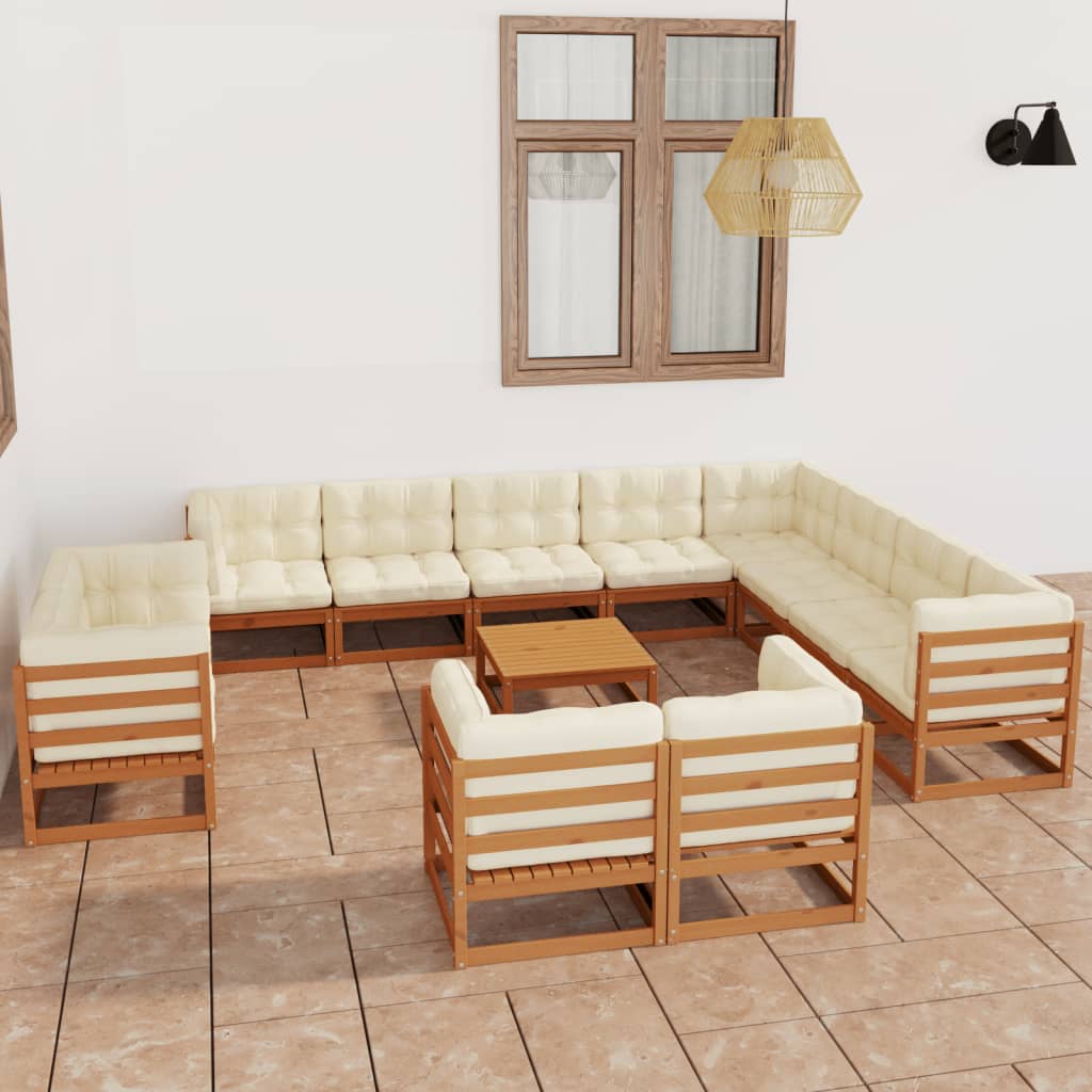 13-tlg. Garten-Lounge-Set mit Kissen Honigbraun Massivholz