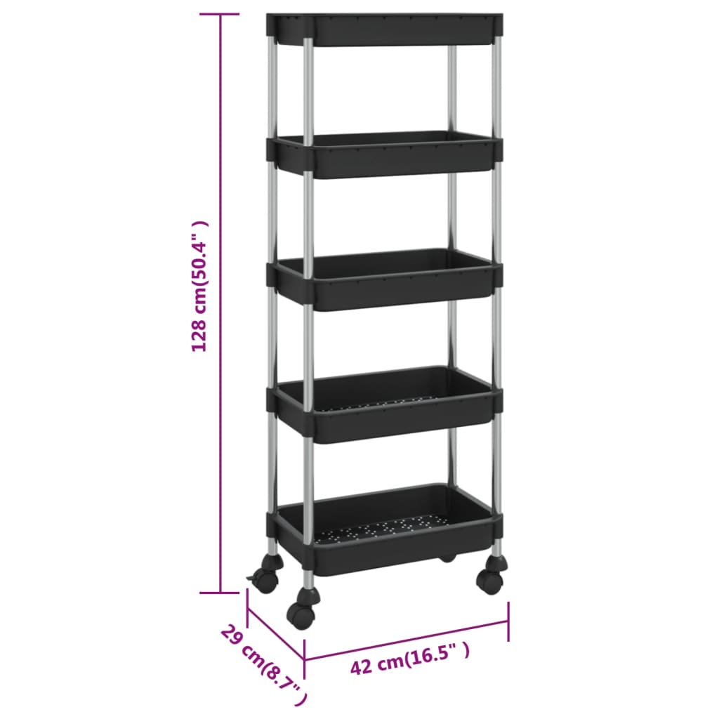 Küchenwagen 5 Etagen Schwarz 42x29x128 cm Eisen und ABS