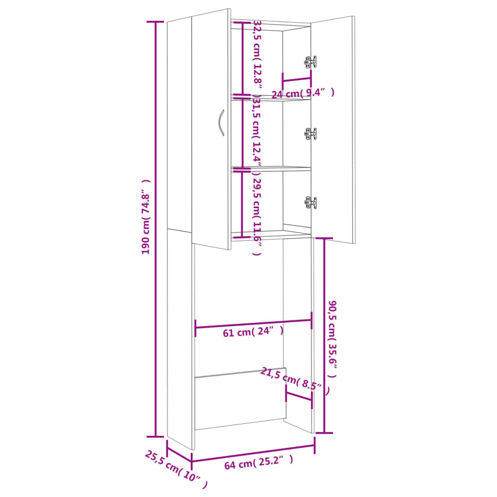 Waschmaschinenschrank Sonoma-Eiche 64x25,5x190 cm