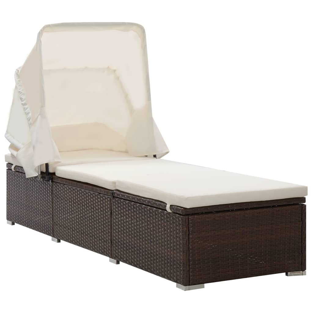 Sonnenliege mit Dach und Kissen Poly Rattan Braun