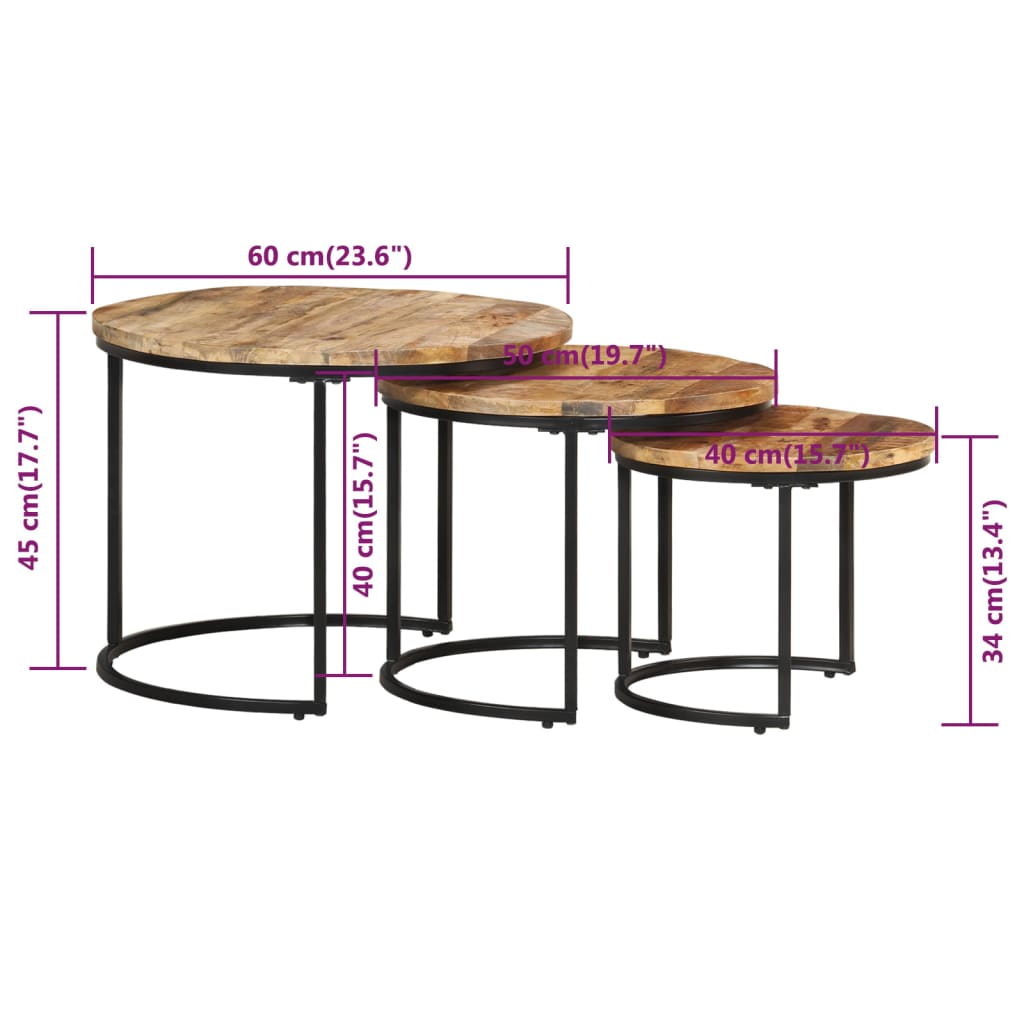 Satztische 3 Stk. Rohes Mangoholz