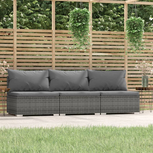 3-Sitzer-Sofa mit Kissen Grau Poly Rattan