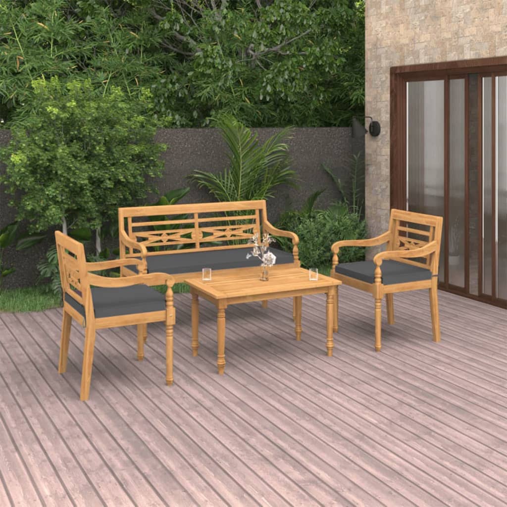 4-tlg. Garten-Lounge-Set mit Kissen Massivholz Teak