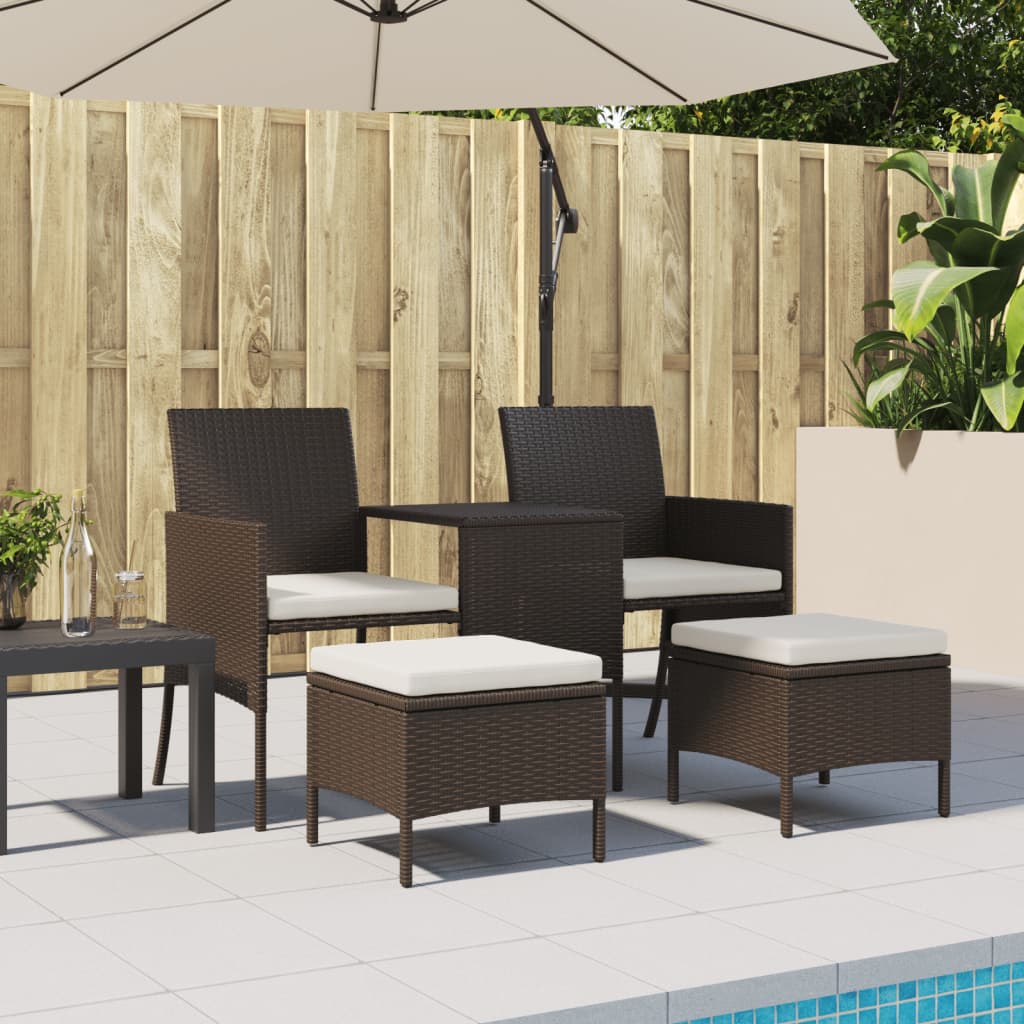 Gartensofa 2-Sitzer mit Tisch und Hockern Braun Poly Rattan