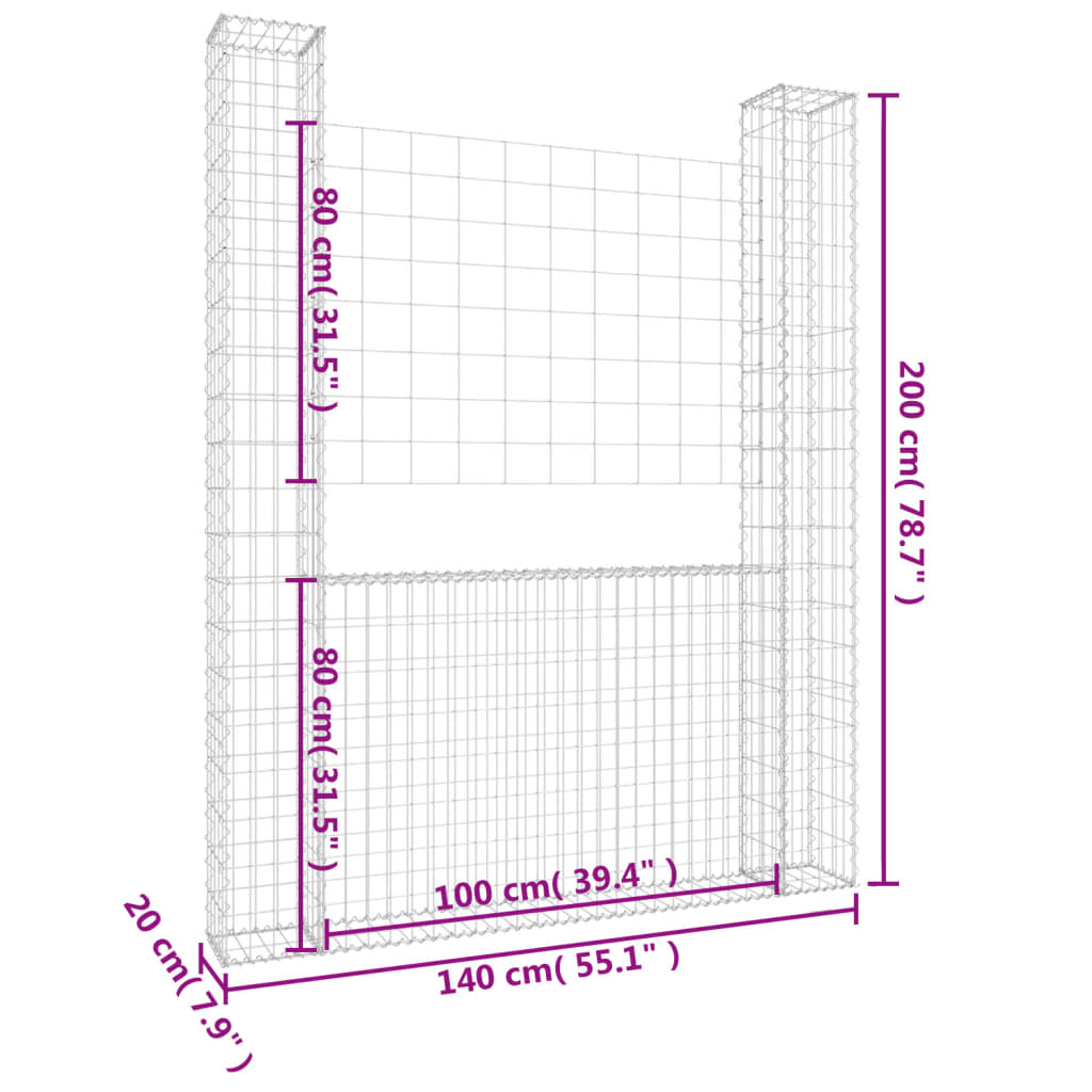 Gabionenkorb U-Form mit 2 Säulen Eisen 140x20x200 cm