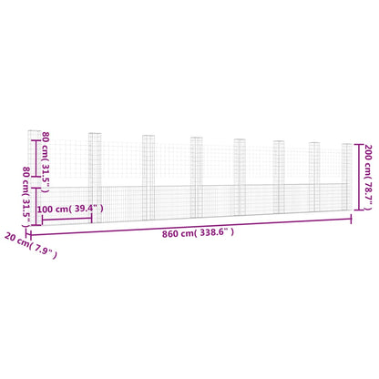 Gabionenkorb U-Form mit 8 Säulen Eisen 860x20x200 cm