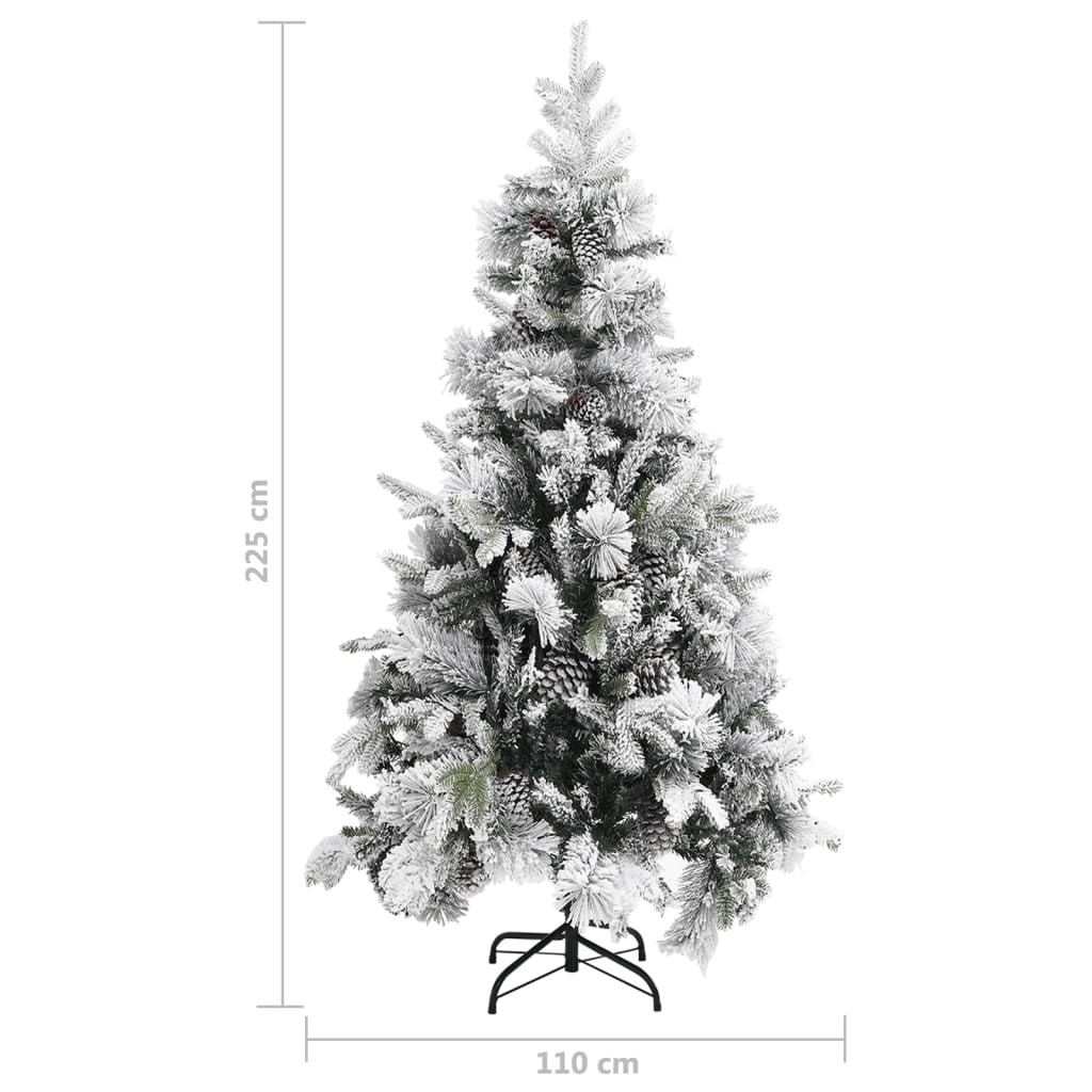 Albero di Natale con pigne, innevato, 225 cm, PVC e PE