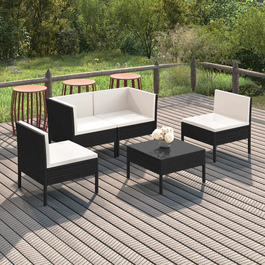 5-tlg. Garten-Lounge-Set mit Auflagen Poly Rattan Schwarz