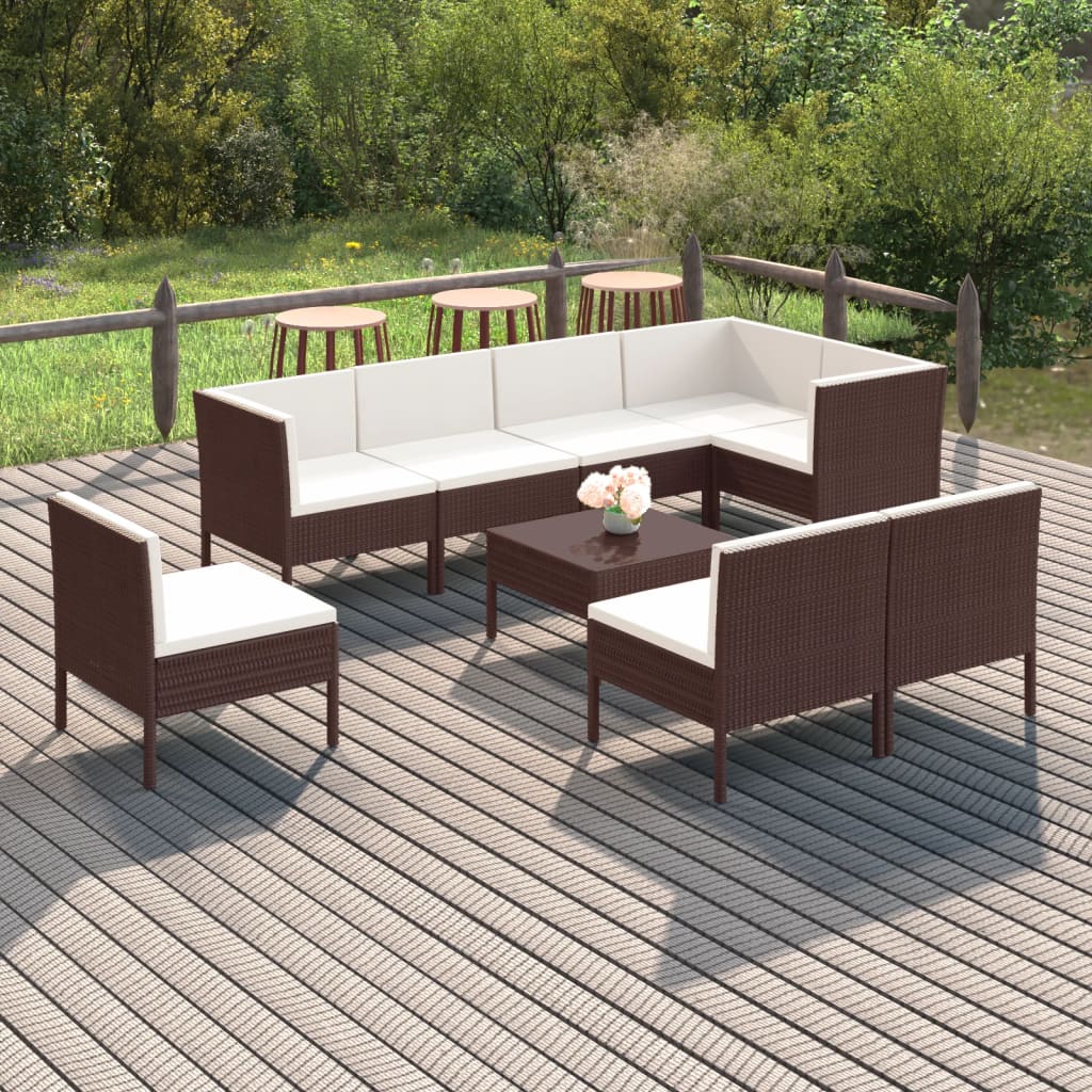 9-tlg. Garten-Lounge-Set mit Auflagen Poly Rattan Braun