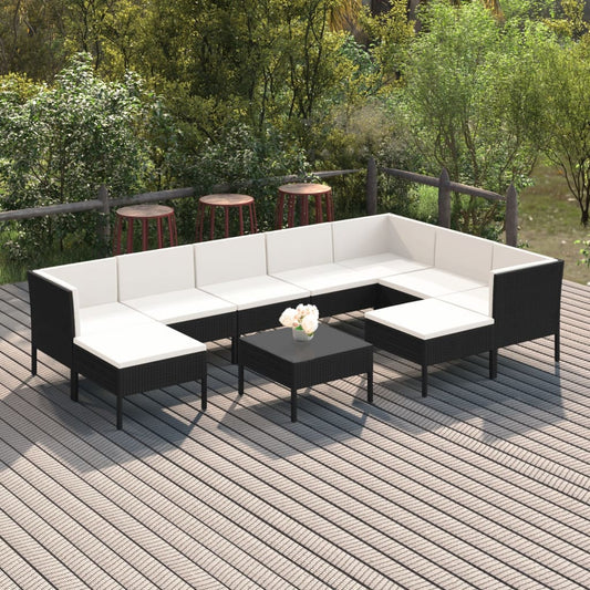 10-tlg. Garten-Lounge-Set mit Auflagen Poly Rattan Schwarz