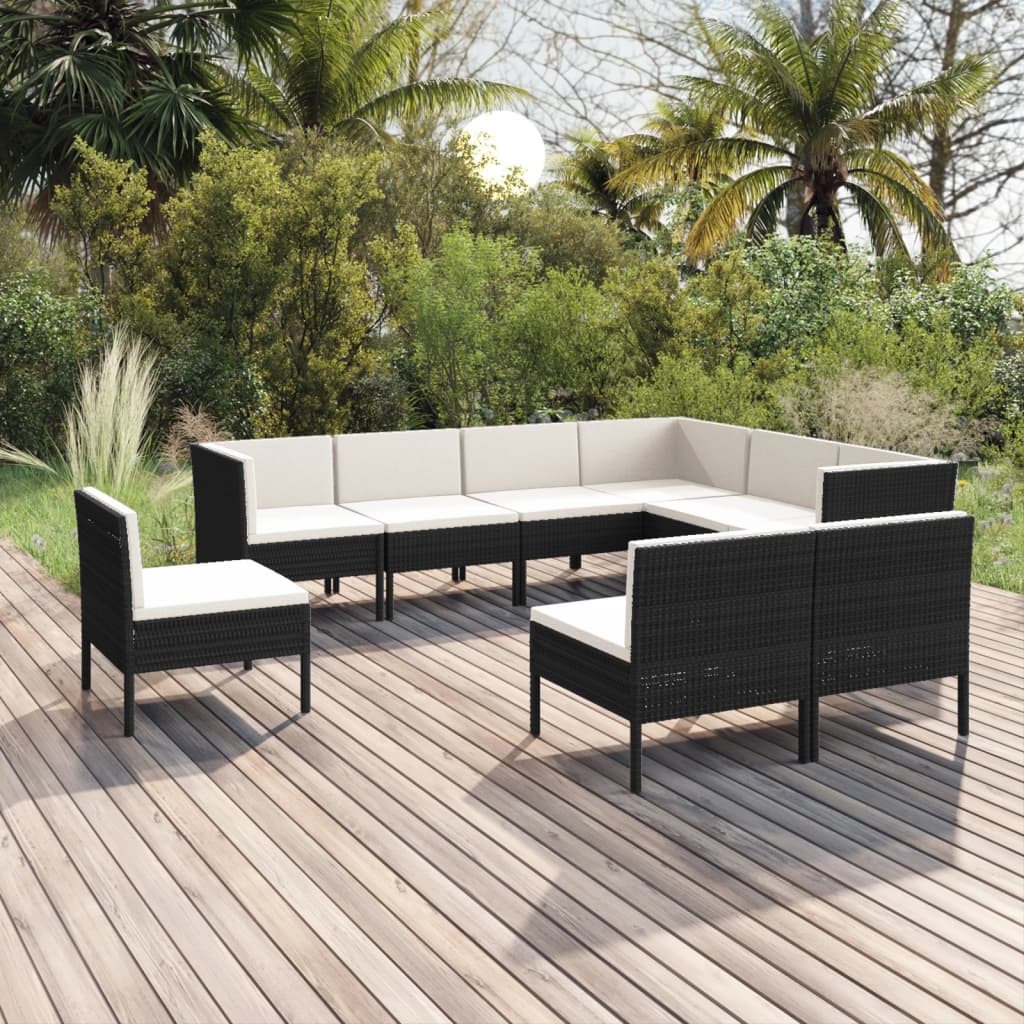 9-tlg. Garten-Lounge-Set mit Auflagen Poly Rattan Schwarz