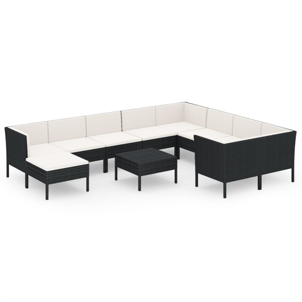 11-tlg. Garten-Lounge-Set mit Auflagen Poly Rattan Schwarz