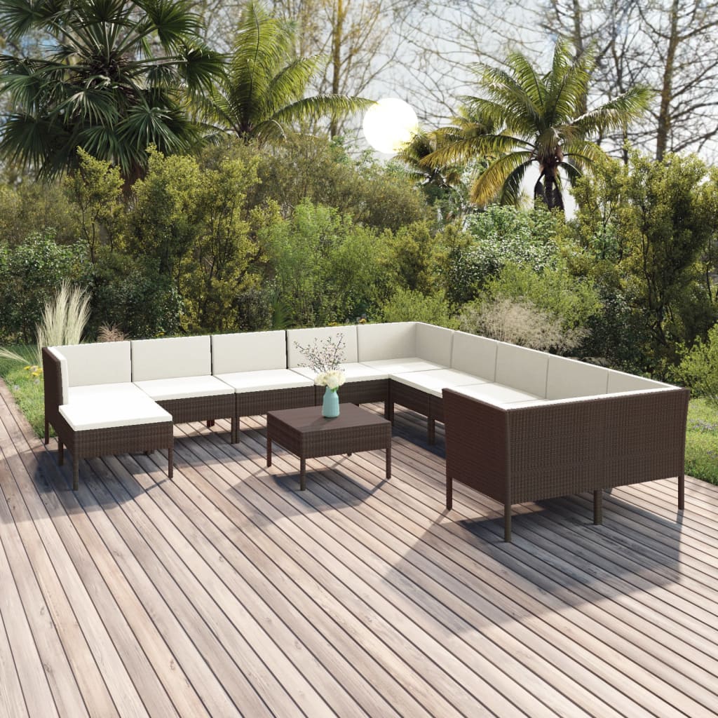 12-tlg. Garten-Lounge-Set mit Auflagen Poly Rattan Braun